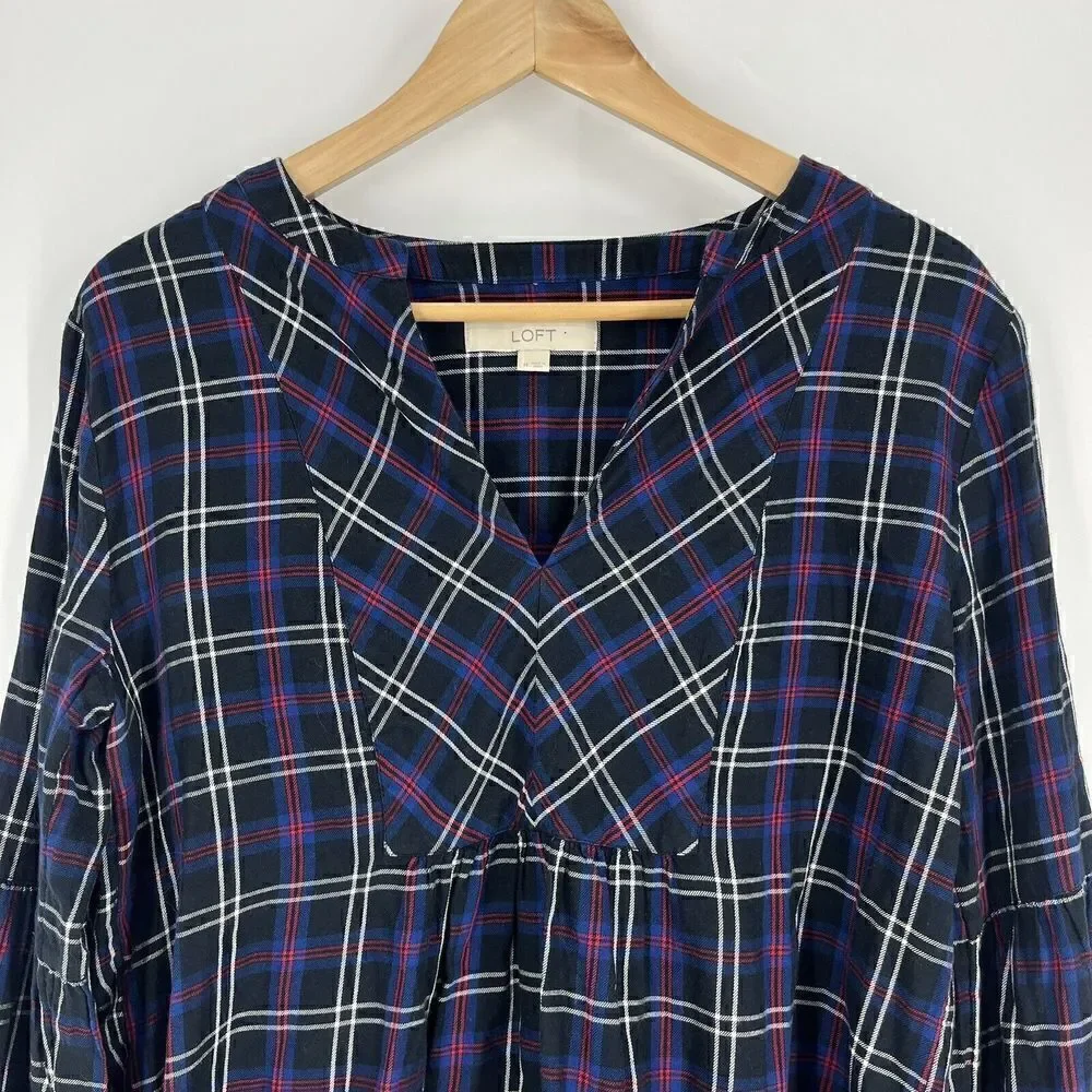 Loft Tunic Top Size Medium Blue Black Red Plaid Puff Sleeve Flannel Shirt V Neck